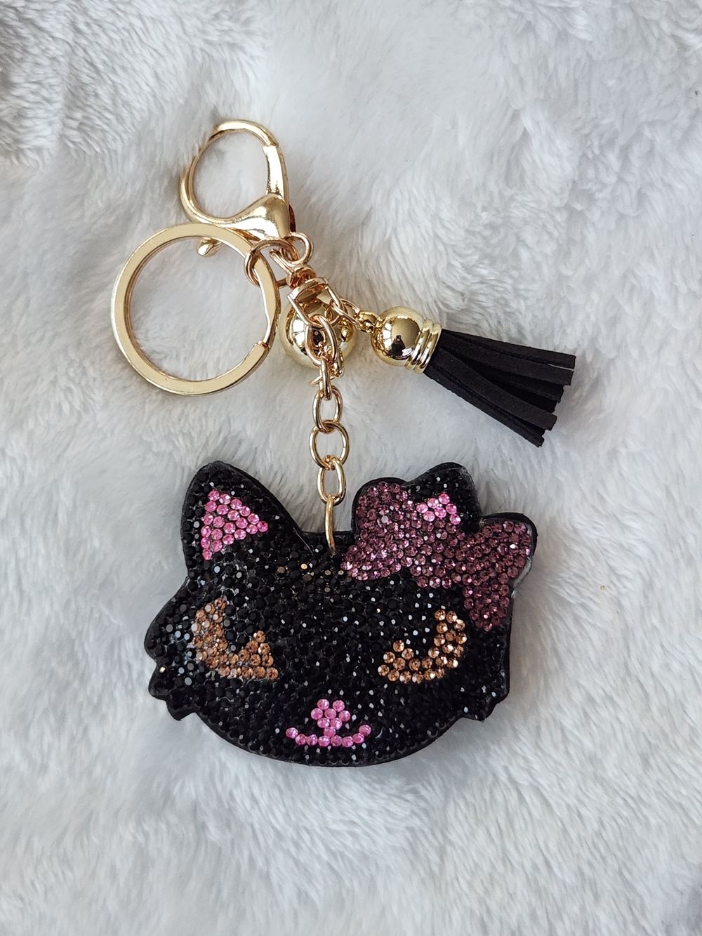 Sparkly Black Cat Keychain with Pink Bow Rhinestone Bag Charm